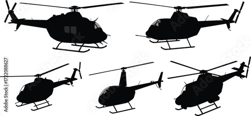Silhouette collection of helicopters, black vector aircraft, military chopper, transport helicopter, aviation symbol, flight design, rescue, travel, rotorcraft, air vehicle