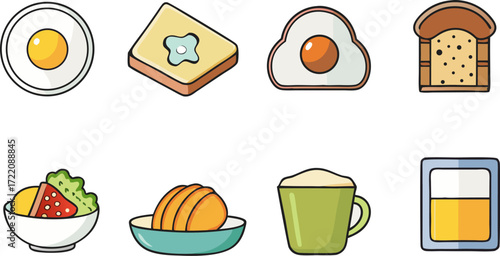 Delightful breakfast food icons collection featuring eggs toast croissant coffee juice and salad for culinary themes