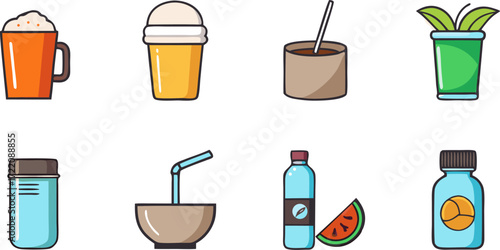 Collection of eight non-alcoholic beverages and related items in a flat design style perfect for healthy lifestyle themes.