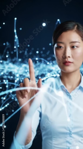 Mesmerizing high-tech data network video with ethereal white and electric blue light points, shimmering neural streams, and human hand swiping holographic screen. Concept of boundless connectivity