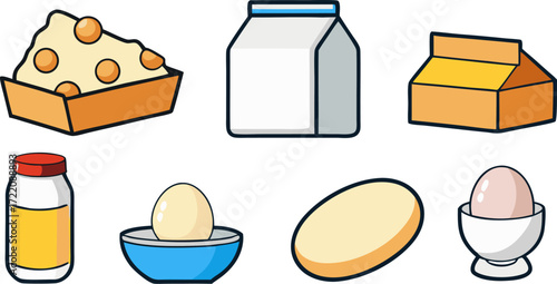 Collection of dairy and egg products for healthy breakfast and food preparation scenes