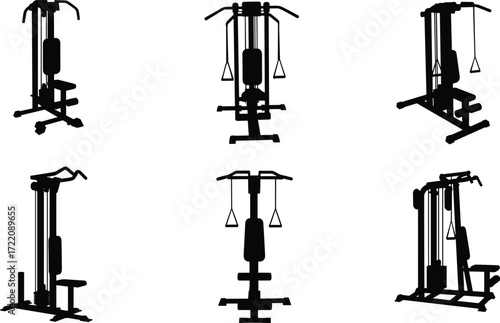 Silhouette collection of multifunctional gym fitness machines, bodybuilding workout equipment, strength training exercise station, professional fitness machine illustration design