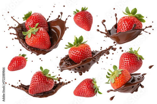 Collection set of falling strawberry with chocolate splash isolated on AI Generated by PNG