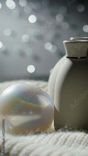 Extreme close-up video of a smooth pearlescent orb and a sleek minimalist ceramic bottle on opulent white cashmere, soft white bokeh background. Serene luxury concept