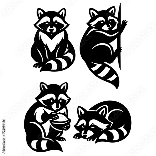 Stylized Raccoon Icon Set – Black and White Cartoon Wildlife Illustrations