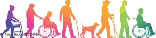 Inclusive silhouettes, disability awareness, mobility aids, wheelchair users, guide dog, crutches, cane support, accessible design, gradient colors, representation, visual impairment, child inclusion,