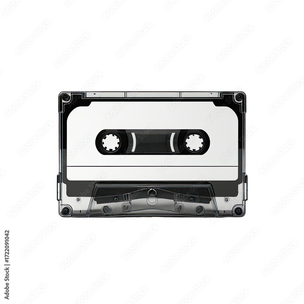 Obraz premium Blank cassette tape, isolated on black, retro music background, nostalgic design