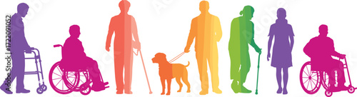 Inclusive silhouettes, disability awareness, mobility aids, wheelchair users, guide dog, white cane, accessibility, diversity, crutches, walker, standing figure, visual impairment,