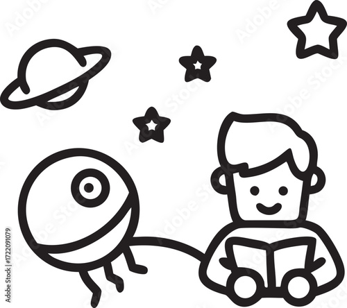 Boy reading a book with imagination flying away in cosmos