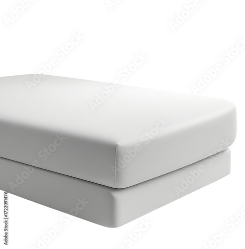 White crib mattress & fitted sheet, studio shot, plain background, baby product