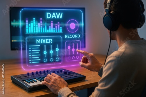 Creating electronic music at home daw software and mixer setup home studio digital music production intimate environment close-up view audio innovation