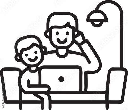 Father and Son Bonding at Home with Technology Illustration Graphic