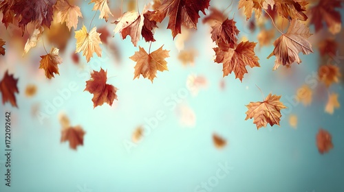  Leaves hovering against blue backdrop with blurry depiction