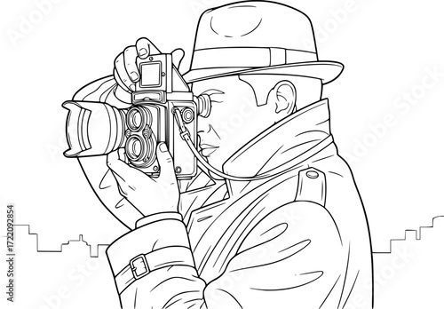 photographer taking a picture line art, black outline, vector and illustration, coloring book page line art drawing
