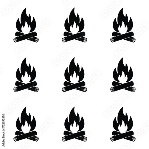 Set of campfire icons flame wood burning blaze outdoor recreation night warmth rustic