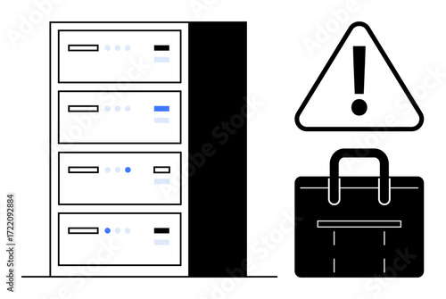 Server racks beside caution icon and lock symbolizing storage, protection, and alert. Ideal for cybersecurity, data management, system safety, IT operations, information security, network issues