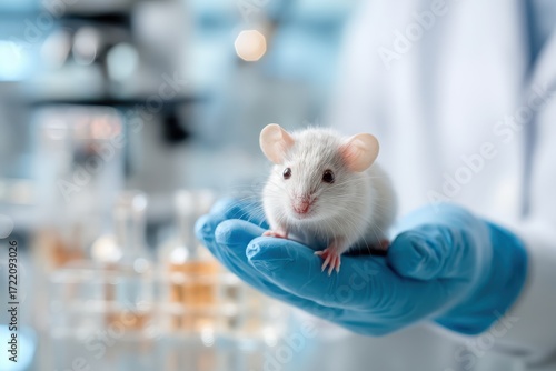 Scientist conducts research in laboratory while observing a laboratory mouse during an experiment on animal health and behavior