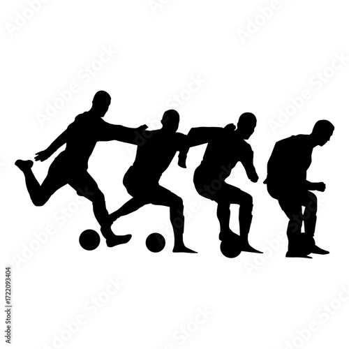 A dynamic silhouette of four soccer players interacting during a game, showcasing the action and athleticism of the sport.