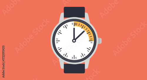 A classic analog wristwatch with a black leather strap and a white face, showing the time with a yellow accent marker on the bezel
