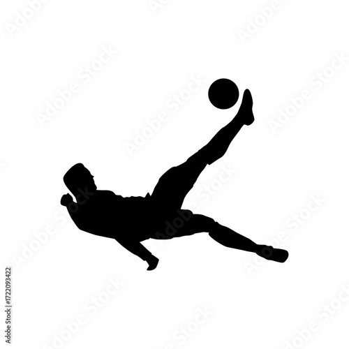A dynamic silhouette of a soccer player mid-air, kicking a soccer ball.