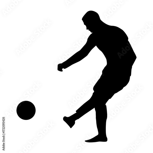 Dynamic silhouette of a soccer player in action, kicking a ball.