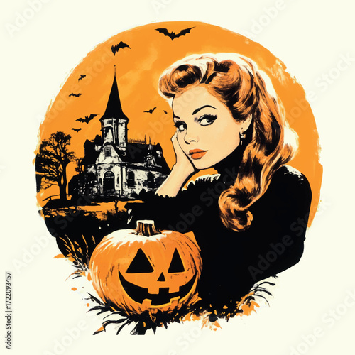 Halloween Pin-up Girl with Pumpkin and Haunted House