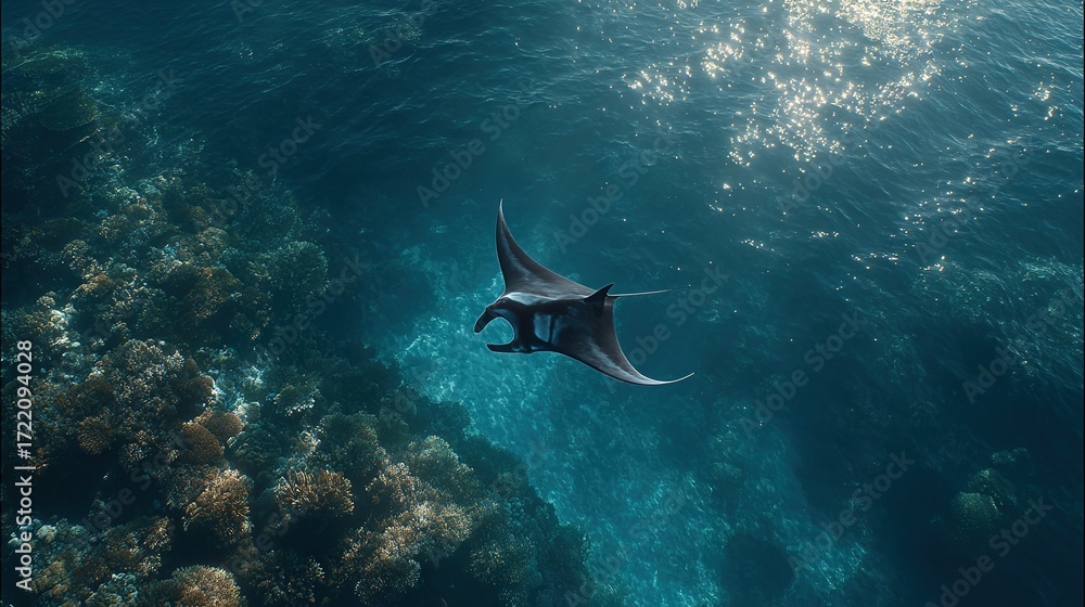 custom made wallpaper toronto digital Manta ray over coral reef, tropical island, blue ocean water