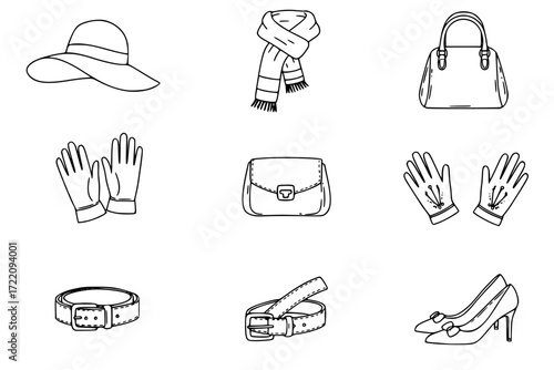 Fashion Accessory Outline Icon Set – Hat, Scarf, Handbag, Gloves, Belt, Shoes, Jewelry – Vector Line Icons for Custom Garments, Style, and Apparel Design