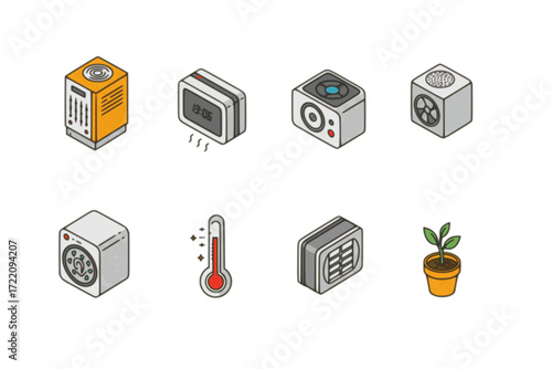 Eco-Friendly Indoor Isometric Icon Set – Air Purifier, Humidity Monitor, Green Plants – Colorful Vector Icons for Indoor Air Quality and Net-Zero Sustainable Building Design