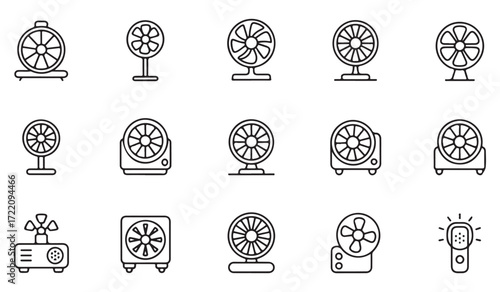 Black and white electric fan illustrations, line art vector icons for summer, airflow, and home comfort