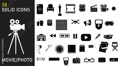 38 Solid Movie & Photo Icons Set – Filmmaking, Photography & Media Equipment Vector