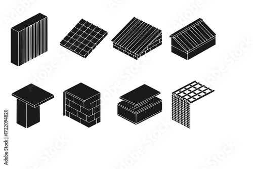 Metal Cladding Solid Icon Set – Building Facade, Roofing, Wall Panels, Ceiling – Filled Vector Icons for Construction, Architecture, and Exterior Design Applications