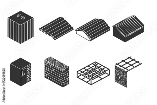 Metal Cladding Solid Icon Set – Building Facade, Roofing, Wall Panels, Ceiling – Filled Vector Icons for Construction, Architecture, and Exterior Design Applications