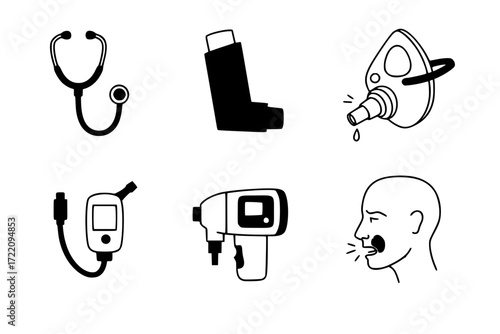Respiratory Health Outline Icon Set – Stethoscope, Asthma Inhaler, Oxygen Mask, Spirometer, Cough Symbol – Vector Line Icons for Medical, Healthcare, and Pulmonary Care Designs