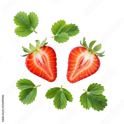 Freshly Cut Strawberries with Green Leaves Displaying Juicy Red Fruit Halves on a Transparent Background Perfect for Summer Recipes and Healthy Eating