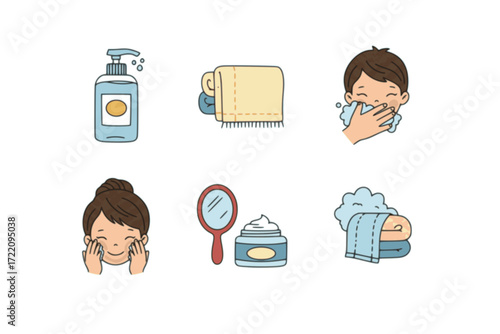 Children’s Face Care Flat Icon Set – Face Wash, Towel, Clean Skin Routine – Colorful Vector Mini-Illustrations for Kids’ Hygiene, Skincare, and Daily Care Activities