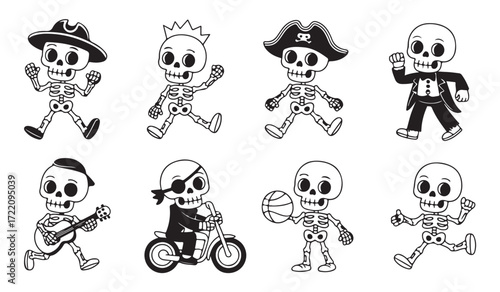 Pirate skeleton and dancing bones icons, black and white vector illustrations for festive holiday design