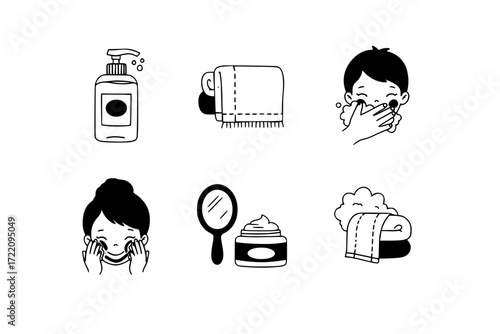 Children’s Face Care Flat Icon Set – Face Wash, Towel, Clean Skin Routine – Colorful Vector Mini-Illustrations for Kids’ Hygiene, Skincare, and Daily Care Activities