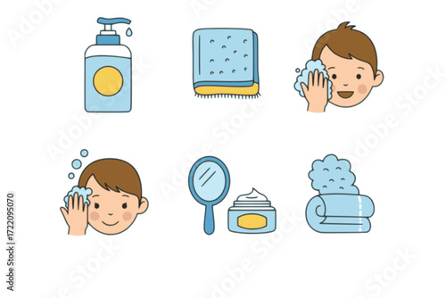 Children’s Face Care Flat Icon Set – Face Wash, Towel, Clean Skin Routine – Colorful Vector Mini-Illustrations for Kids’ Hygiene, Skincare, and Daily Care Activities