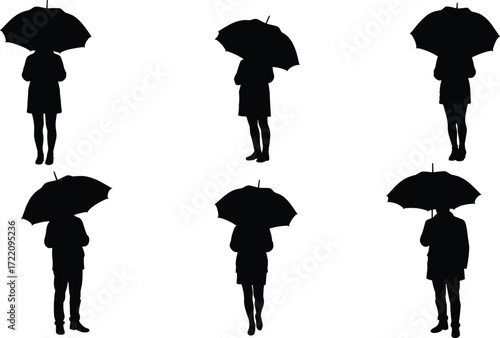 Silhouette of people holding umbrella, standing in rain, black shadow figures, rainy weather design, protection from storm, wet season illustration