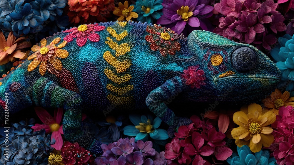 Obraz premium A chameleon perched amidst a sea of blooms, its vibrant hue blending effortlessly with the floral bed beneath