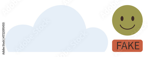 Soft cloud with a green smiling face labeled FAKE suggesting online trust, misinformation, or authenticity challenges. Ideal for content security, digital identity, cloud trust, AI ethics, online
