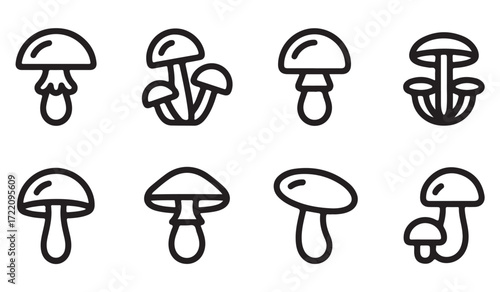 Mushroom line art pack, vector symbols of forest fungi, edible food, and botanical design elements