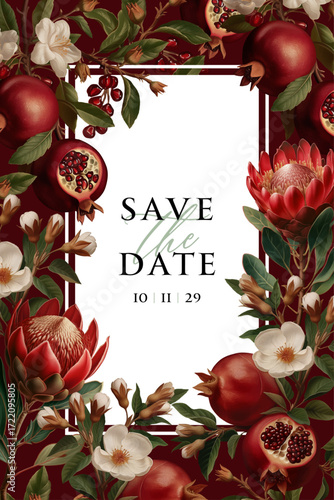Vintage vector illustration with pomegranate branches and protea flowers on a changeable background. Floral design template for wedding invitation, greeting card, notebook cover, flyer or banner.