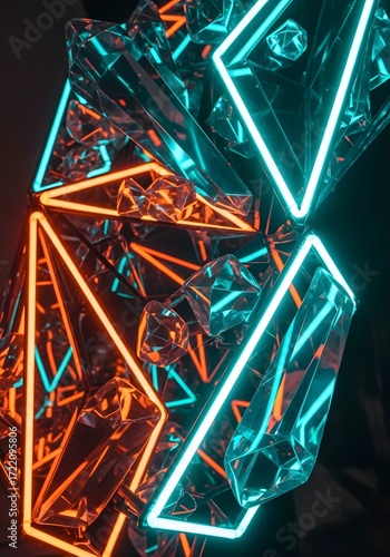 Abstract neon geometric design with crystals and glowing lines for modern backgrounds