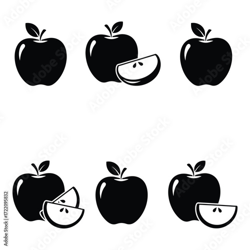 Collection of simple black apple silhouettes and slices for food and fruit design
