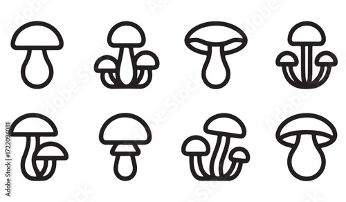 Mushroom vector icons set, black and white line art illustrations of fungi and wild edible mushrooms