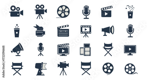 Collection of film video and audio production related icons in monochrome