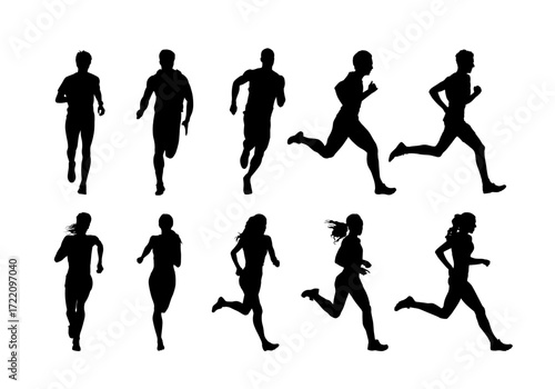 Run, group of marathon running men and women, set of isolated vector silhouettes. Track and field athletes