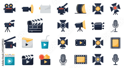 Collection of film production and movie making related icons in flat style